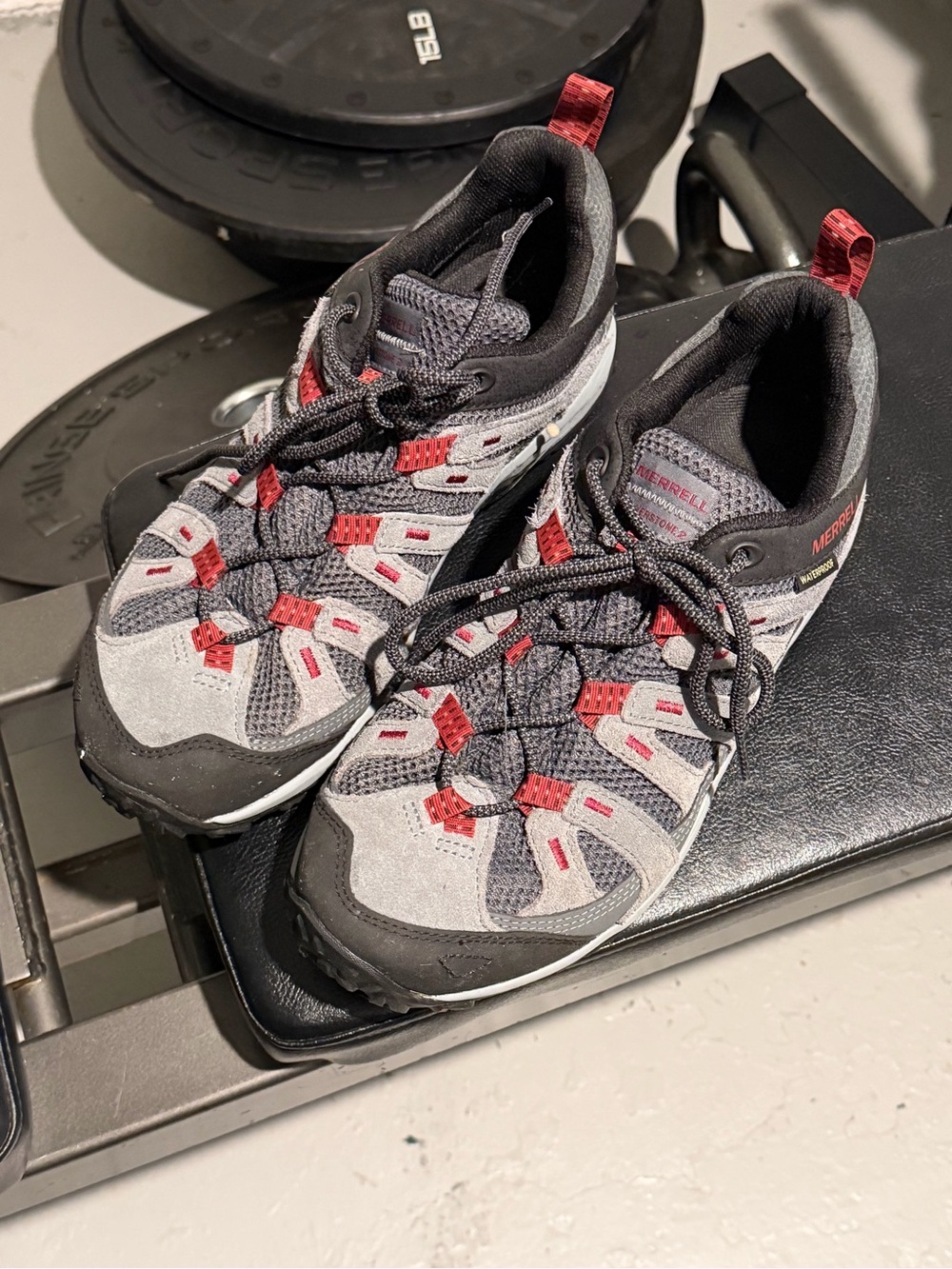 Merrell Gray and Red Trail Sneakers